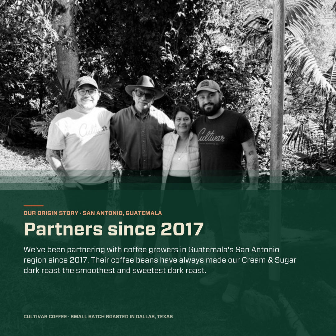 A promotional graphic for Cultivar Coffee featuring a black-and-white photo of four people standing outdoors in front of trees, with a dark green text overlay reading &
