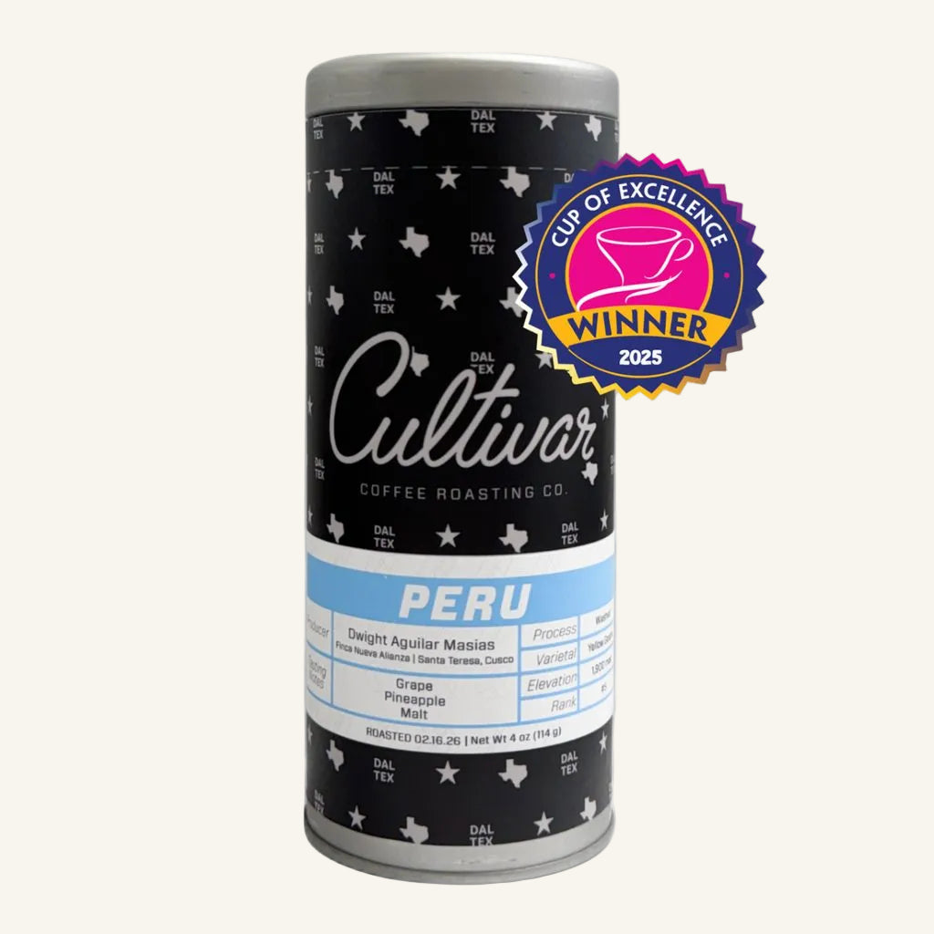Bag of Cultivar's Peru Finca Nueva Alianza #5 Cup of Excellence Competition Winner roasted coffee beans